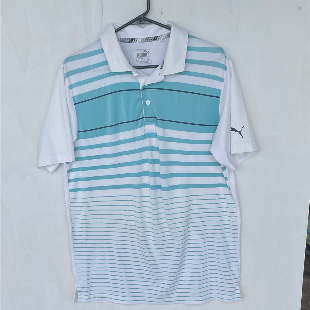 Puma Men's Aqua and White Striped Polo Shirt Athleisure Preppy SZ M